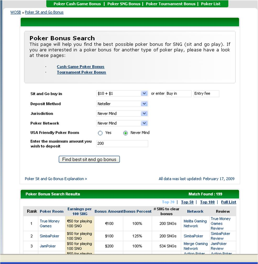 SNG poker bonus search