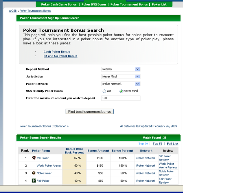 Poker tournament bonus search